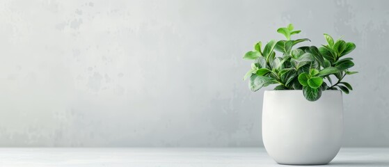  A potted plant in a white vase on a white table against a gray background