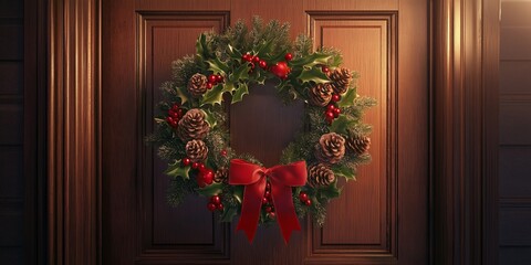 Fototapeta premium Christmas wreath illustration hanging on a wooden door, adorned with red ribbons and greenery, symbolizing holiday warmth and welcome, festive and traditional decor, selective focus 