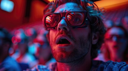 A close-up of a man's face with 3D glasses staring in awe at a cinema screen, highlighted by blue and red lighting, showing his intense involvement in the movie.