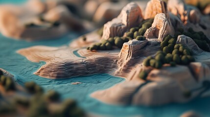 3D Topographic Map of a Coastal Mountain Range with Forested Slopes