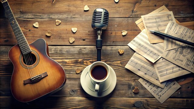 Vintage microphone stands on a worn wooden desk surrounded by scattered sheets of handwritten song lyrics, worn guitar picks, and forgotten coffee cups.