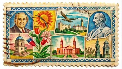 Vintage postage stamp from Uruguay featuring a colorful collage of national symbols, landmarks, and iconic imagery on a white background.