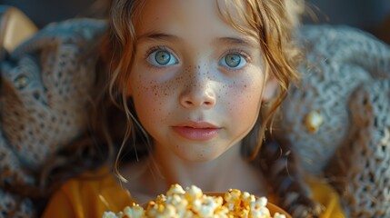 Naklejka premium A young girl with blue eyes and freckles, wearing a yellow shirt, holds a box of popcorn in a warm, cozy setting, staring intently at the camera.
