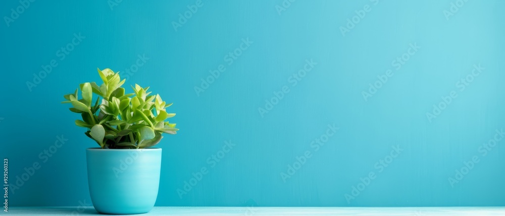 Wall mural  A small potted plant on a table, set against a tranquil blue backdrop Insert text here for a messaging overlay