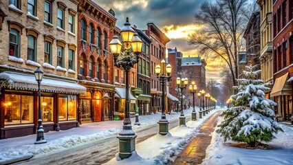Obraz premium Vintage street lamps line a charming, snow-covered Main Street in Buffalo, New York, with historic brick buildings and quaint shops in the winter wonderland scene.