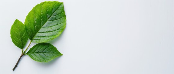  A tight shot of a green leaf against a white backdrop, showcasing a gentle light reflection on its upper surface