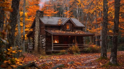 A rustic cabin nestled in vibrant fall colors, with a wood smoke curling from the chimney, creating a peaceful atmosphere.