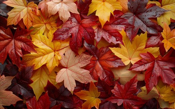 Bright autumn leaves with dew droplets, creating a rich and natural texture. Perfect for autumn and nature themes.