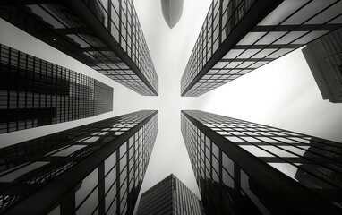 Obraz premium Black and white perspective of tall glass buildings, creating a dramatic and modern urban scene. Perfect for architecture and urban design themes
