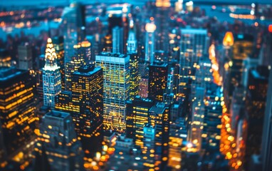 Aerial view of a vibrant cityscape at night with illuminated skyscrapers and streets, creating a bustling urban atmosphere. Perfect for city life and night-time themes.