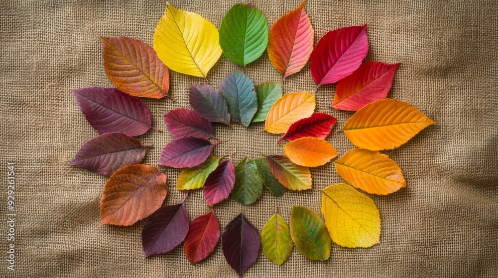 Poster a vibrant assortment of autumn leaves in various colors is carefully arranged in a circular formatio