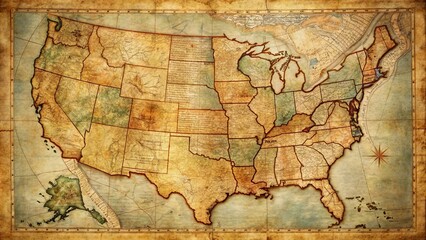 Obraz premium Vintage United States map with faded colors and worn edges, showcasing early 20th-century borders, roads, and geographical features on yellowed parchment.