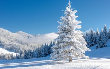 Fototapeta premium Snow-covered tree in a winter landscape with mountains and a clear blue sky, creating a serene and festive atmosphere. Perfect for winter and holiday themes.