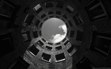 Black and white perspective of tall glass buildings, creating a dramatic and modern urban scene. Perfect for architecture and urban design themes