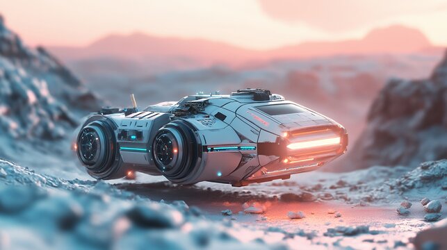 A futuristic spacecraft on a rocky terrain under a colorful sky.