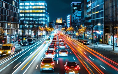 Obraz premium Aerial view of a busy city intersection with colorful cars in traffic. Ideal for urban and transportation-related concepts.