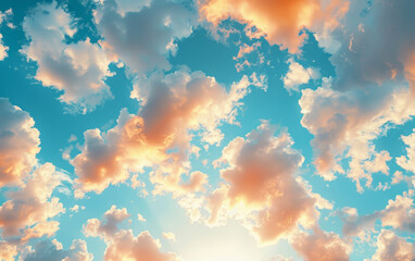 Vibrant clouds illuminated by the golden hues of sunset, floating in a bright blue sky. Ideal for backgrounds, inspirational, and nature-themed content
