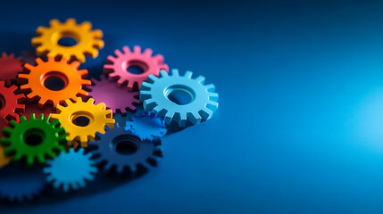 Colorful gears interlock on a blue background, symbolizing teamwork and collaboration.  AI generated