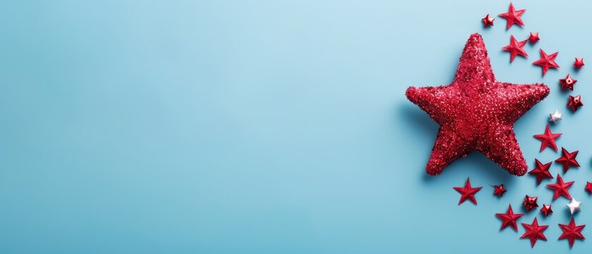  A red star encircled by smaller red stars against a blue backdrop with ample whitespace in its center