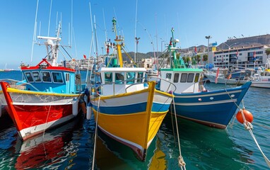 Obraz premium Colorful fishing boats docked at the harbor under a clear blue sky. Perfect for maritime and coastal-themed designs.