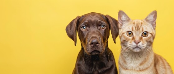  A cat and a dog sit side by side against a yellow backdrop, one animal gazes at the camera