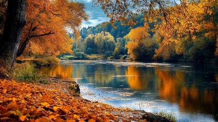 Obraz premium Tranquil autumn landscape with misty mountains reflected in a still lake. Perfect for nature and seasonal imagery.