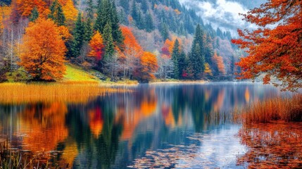 Tranquil autumn landscape with misty mountains reflected in a still lake. Perfect for nature and seasonal imagery.