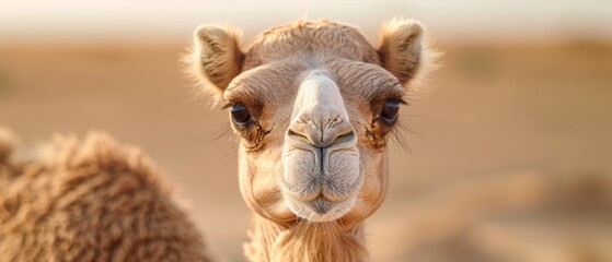 Fototapeta premium A tight shot of a camel's face, background softly blurred