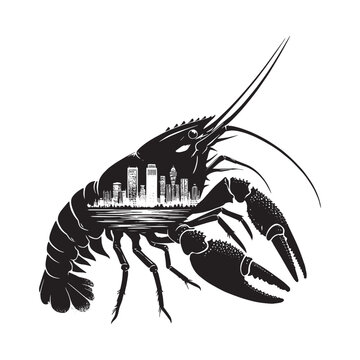 recommend clip art: silhouette of Crayfish filled with cityline in rough drawing