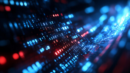 Abstract digital background with red and blue glowing lights.  A futuristic concept for technology, data, and innovation.  AI generated