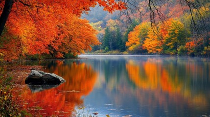 Fototapeta premium Tranquil autumn landscape with misty mountains reflected in a still lake. Perfect for nature and seasonal imagery.