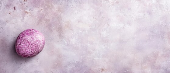  A pink rock atop a white floor Nearby, a light purple wall with a white speck at its summit