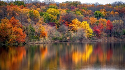 Fototapeta premium Bright autumn trees reflecting in a calm lake on a sunny day. Ideal for nature and landscape designs.