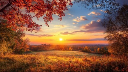 Fototapeta premium A beautiful autumn sunset with red leaves hanging from a tree, casting warm light over a field. Perfect for landscape and seasonal themes.