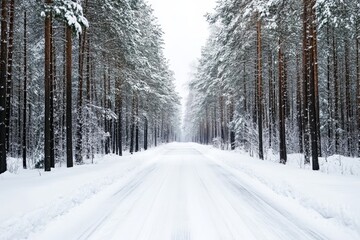 Fototapeta premium Snow-covered road through a dense pine forest on a winter day. Perfect for winter and seasonal designs.