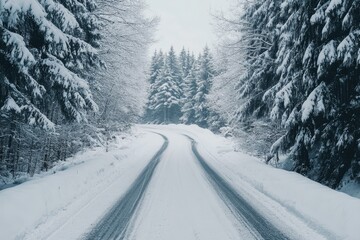 Snow-covered road through a dense pine forest on a winter day. Perfect for winter and seasonal designs.