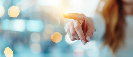  A tight shot of a hand pointing at an object, with out-of-focus lights in the background