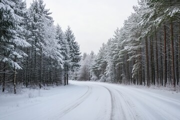 Obraz premium Snow-covered road through a dense pine forest on a winter day. Perfect for winter and seasonal designs.