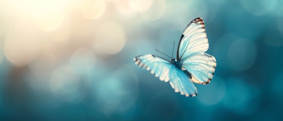  A tight shot of a butterfly in flight against a softly blurred sky background