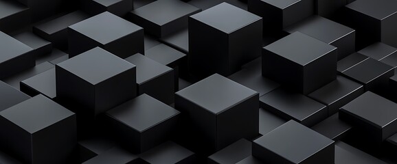 Abstract black geometric shapes stacked on top of each other, creating a three-dimensional design.
