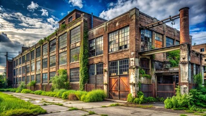 Obraz premium Weathered facade of abandoned factory looms over crumbling sidewalk, rusty gates, and overgrown lots, a haunting testament to Detroit's industrial decline and urban decay.