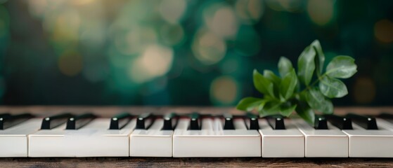  A tight shot of a piano keyboard with a potted plant on its surface, behind lies blurred tree silhouettes