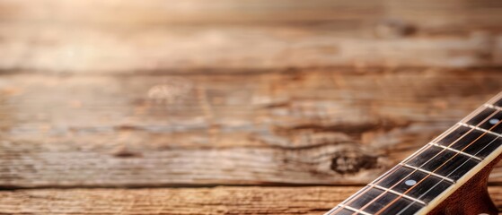 Obraz premium A ukulele rests atop a wooden table, nearby, a piece of wood is situated with an indistinct background