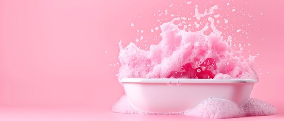  A pink bathtub overflowing with rose-tinted foam against a matching backdrop, with a single splash of water