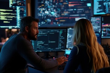 Experienced Cybersecurity Adviser in 40s Conducting Threat Analysis Investigation in Dynamic Tech Lab