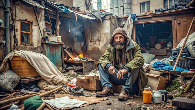 Weathered nomad settles in abandoned urban dwelling, surrounded by clutter and makeshift comforts, evoking a sense of resilience and resourcefulness in desperate circumstances.
