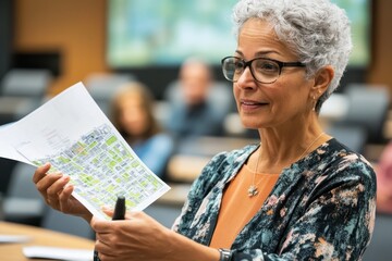 Experienced Urban Planning Adviser Presenting Sustainable Development Proposal in City Council Chamber