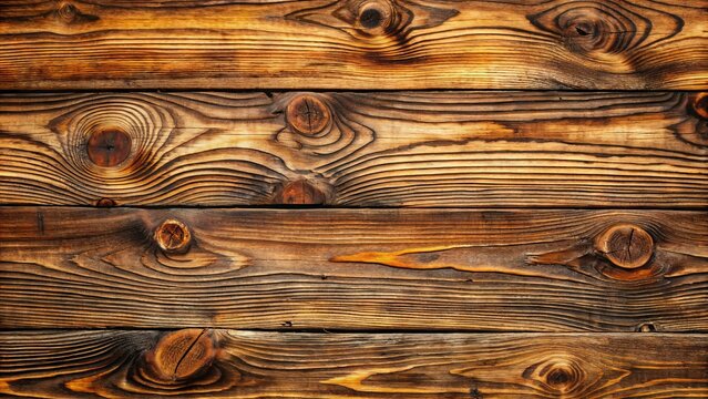 Weathered, rustic wooden planks with intricate knots and cracks, displaying a rich, earthy brown color palette and interesting natural texture for backgrounds or design.