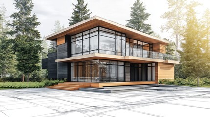 Contemporary House Design with Architectural Blueprints and 3D Visualization
