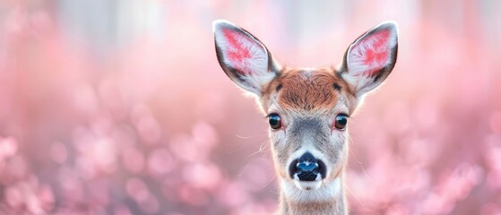  A tight shot of a deer's expressive face against a softly blurred backdrop of pink and red blooms